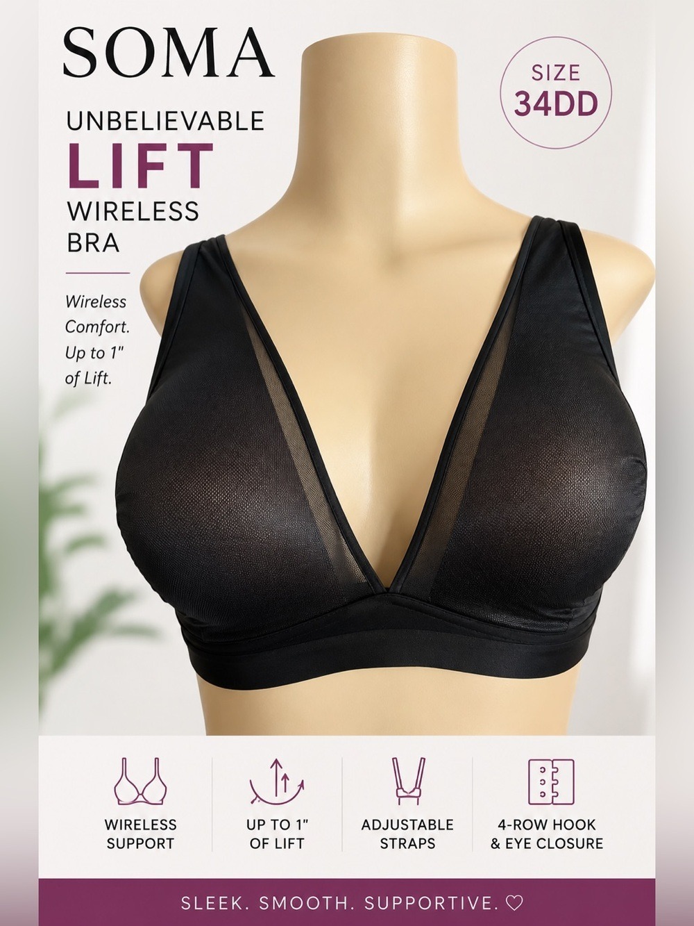 Soma Unbelievable Lift Wireless Mesh Plunge Bra Black 34DD NWT $60 MSRP